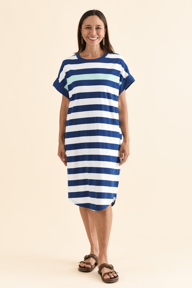 McKinley Cobalt Stripe Cotton Dress,Full Body,Brunette model,alt text|model:Cara image 2