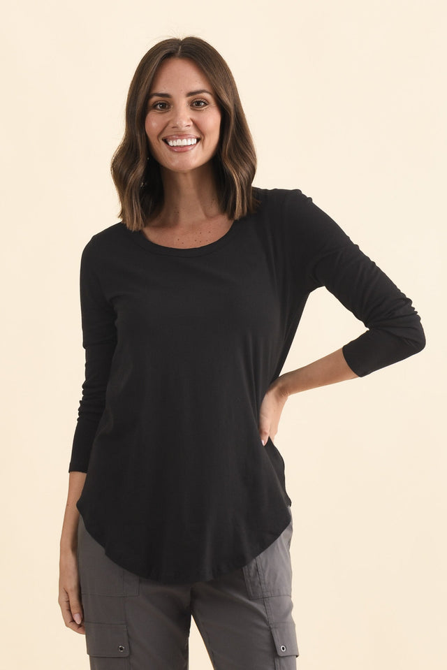 Megan Black Cotton Long Sleeve Top,Brunette model,alt text|model:MJ