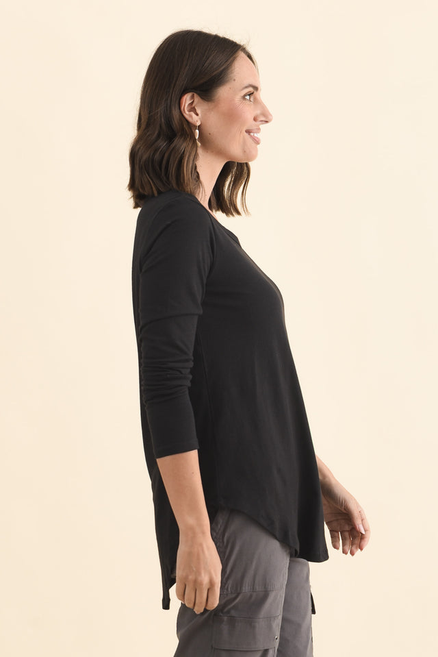Megan Black Cotton Long Sleeve Top,Brunette model,alt text|model:MJ image 4