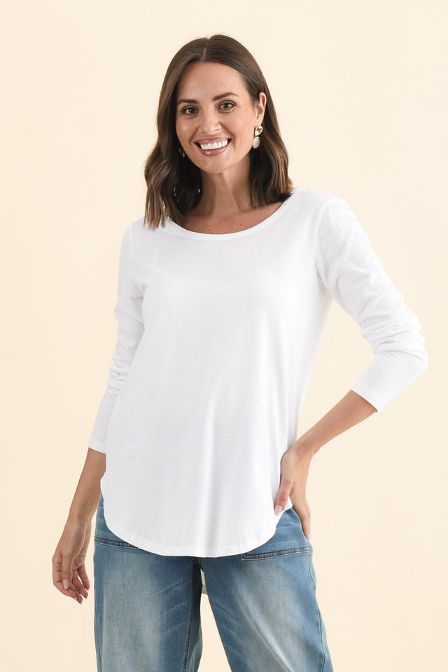 Megan White Cotton Long Sleeve Top,Brunette model,alt text|model:MJ