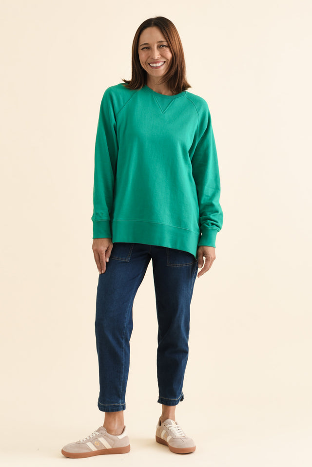 Melbourne Green Cotton Crewneck Sweatshirt,brunette model,Full Outfit,alt text|model:Cara image 6