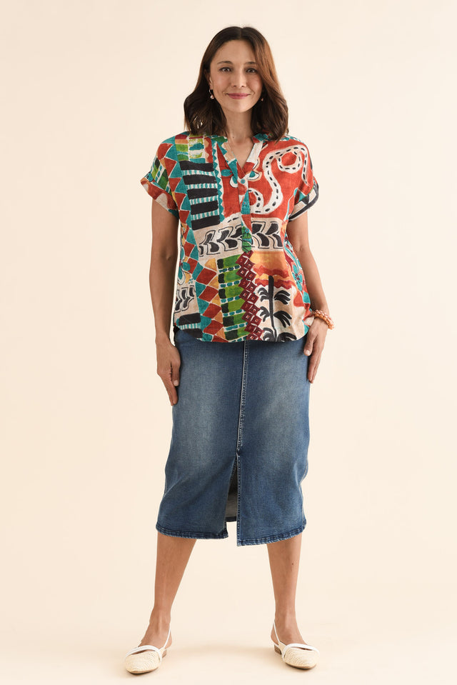 Melda Orange Tropical Organic Cotton Top,Full Body,Brunette model,alt text|model:Cara image 6