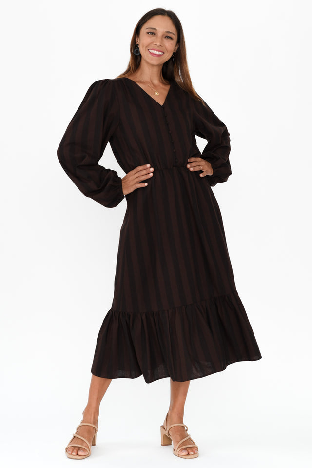 Melissa Chocolate Stripe Linen Blend Dress,Brunette model,alt text|model:Cara image 7