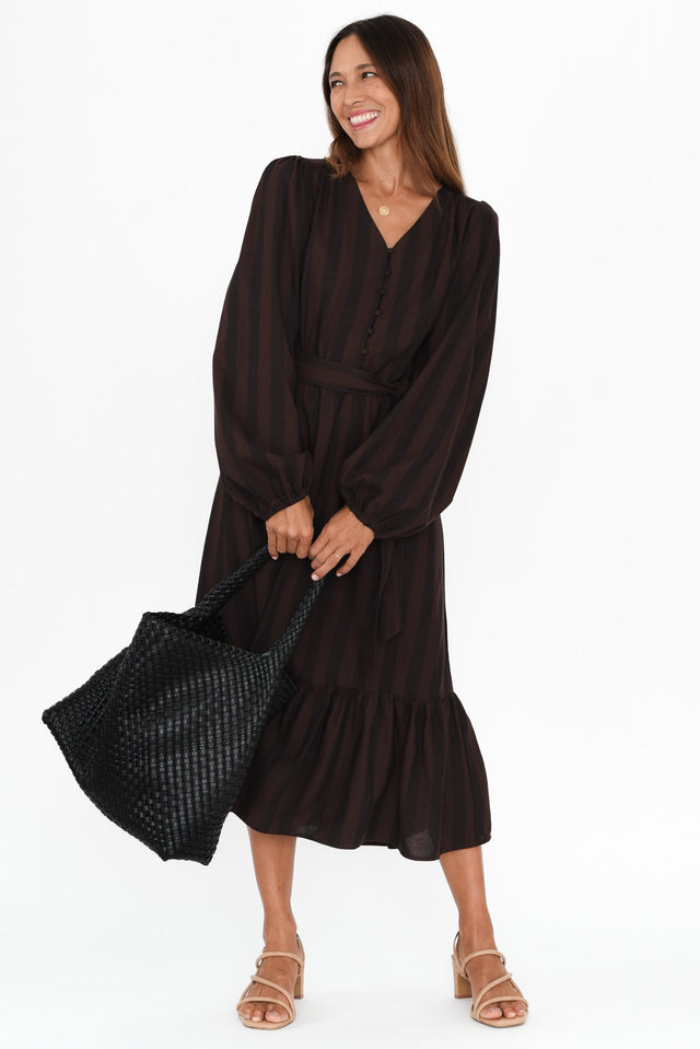 Melissa Chocolate Stripe Linen Blend Dress,Brunette model,alt text|model:Cara image 2