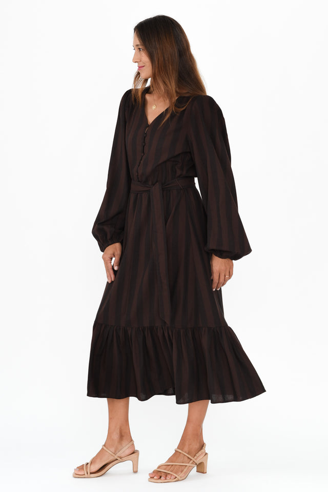 Melissa Chocolate Stripe Linen Blend Dress,Brunette model,alt text|model:Cara image 4