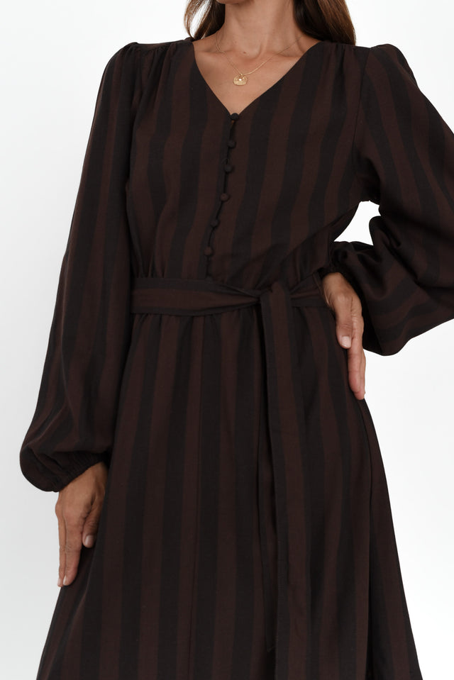 Melissa Chocolate Stripe Linen Blend Dress,Brunette model,alt text|model:Cara image 6
