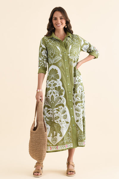Melita Green Motif Cotton Shirt Dress