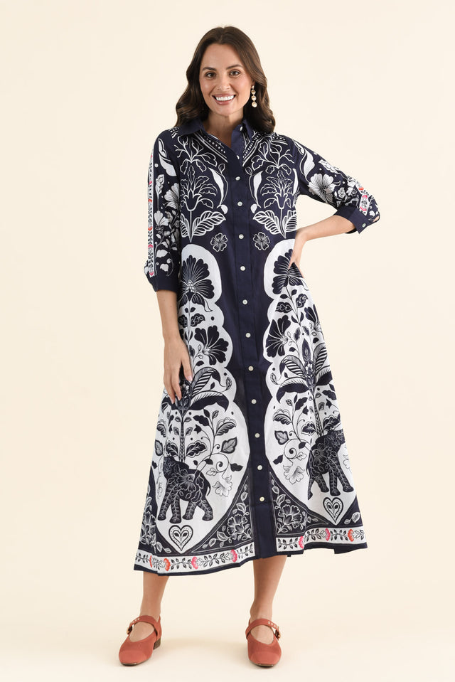 Melita Navy Motif Cotton Shirt Dress,brunette model,Full Outfit,alt text|model:MJ image 2