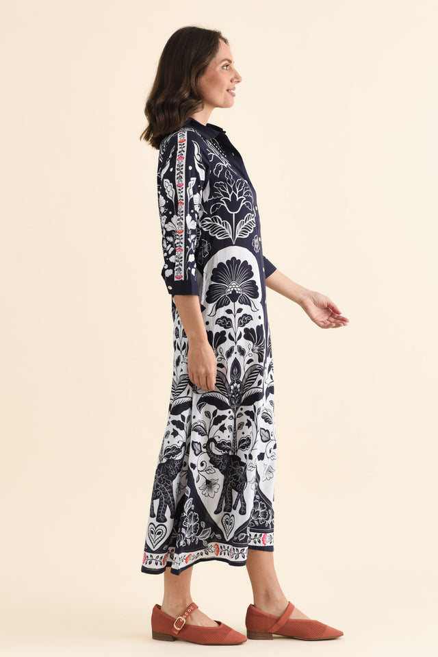 Melita Navy Motif Cotton Shirt Dress,brunette model,Side of Outfit,alt text|model:MJ image 3