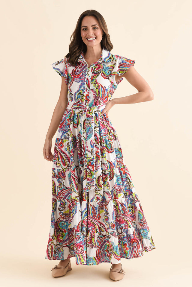 Melody White Paisley Cotton Maxi Dress,Front,Brunette model,alt text|model:MJ