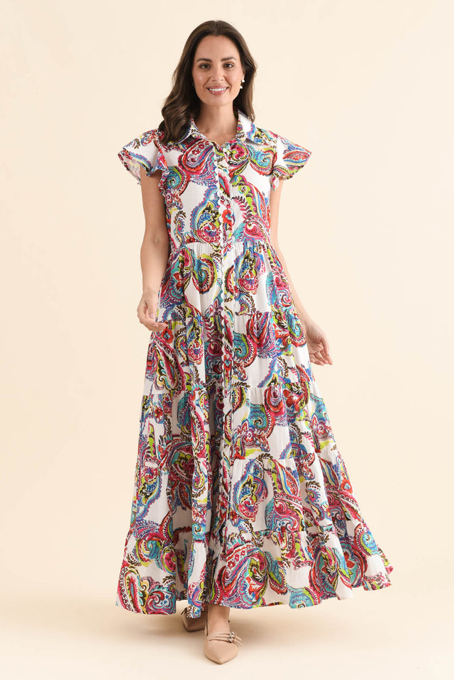 Melody White Paisley Cotton Maxi Dress,Full Body,Brunette model,alt text|model:MJ image 2