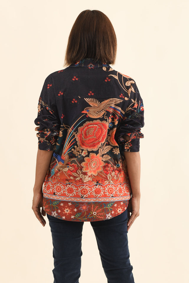 Meyer Navy Botanical Cotton Shirt,Brunette model,alt text|model:Cara image 5