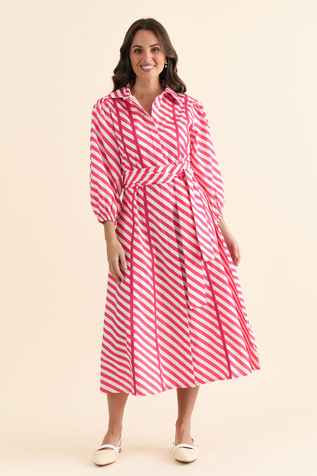 Micah Pink Stripe Cotton Poplin Dress,brunette model,Full Outfit,alt text|model:MJ image 2
