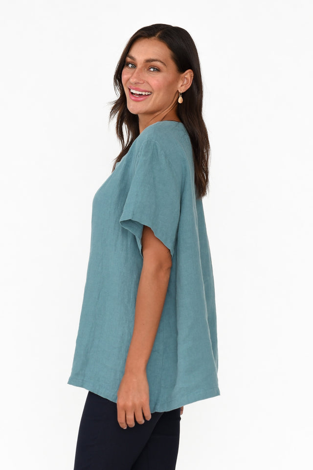 Micah Steel Linen Scoop Neck Top