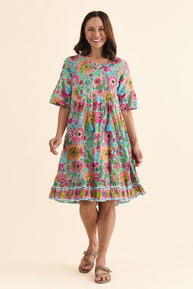 Mila Blue Floral Crinkle Cotton Dress,Full Body,Brunette model,alt text|model:Cara