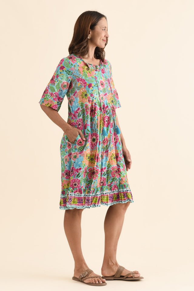 Mila Blue Floral Crinkle Cotton Dress,Side,Brunette model,alt text|model:Cara image 3