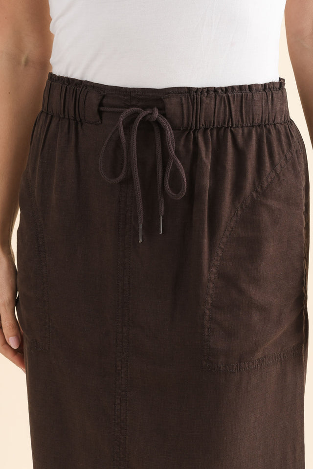 Mila Chocolate Drawstring Skirt,Detail,Brunette model,alt text|model:MJ image 5