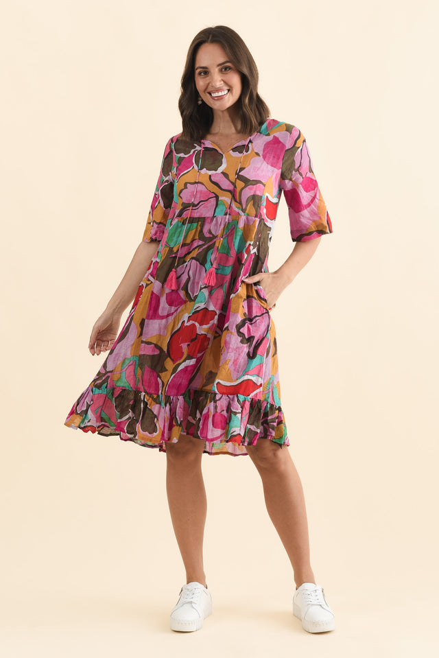 Mila Fuchsia Garden Crinkle Cotton Dress,Brunette model,alt text|model:MJ image 4