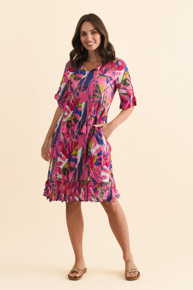 Mila Fuchsia Leaf Crinkle Cotton Dress