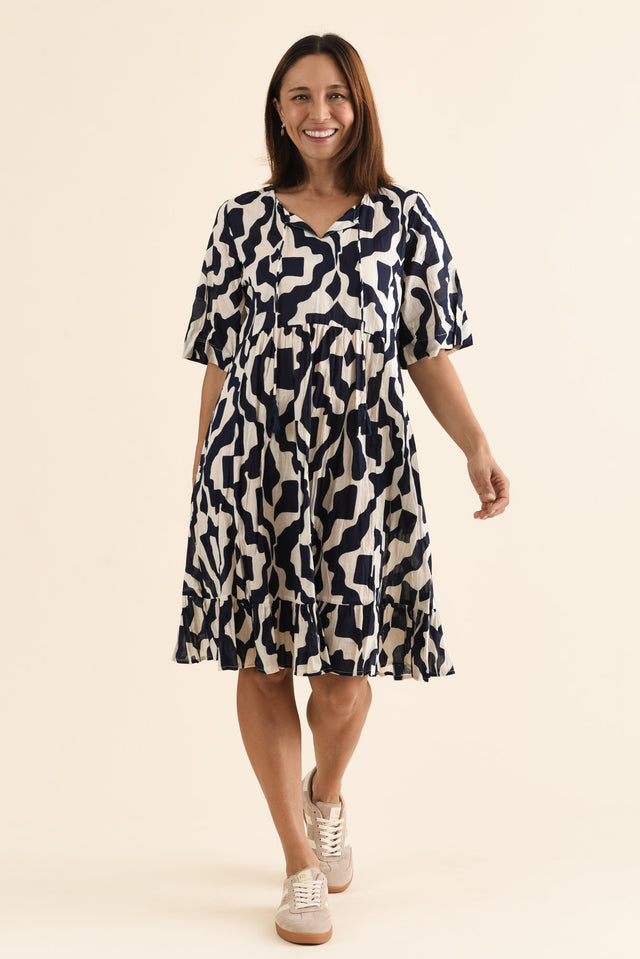Mila Navy Motif Crinkle Cotton Dress,Full Body,Brunette model,alt text|model:Cara image 2