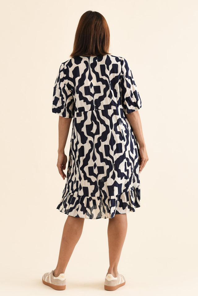 Mila Navy Motif Crinkle Cotton Dress,Back,Brunette model,alt text|model:Cara image 4
