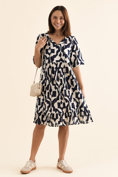 Mila Navy Motif Crinkle Cotton Dress