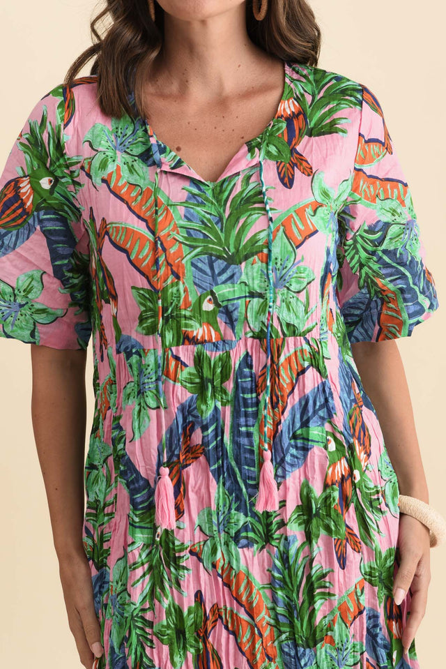 Mila Pink Jungle Crinkle Cotton Dress,Brunette model,alt text|model:MJ image 7