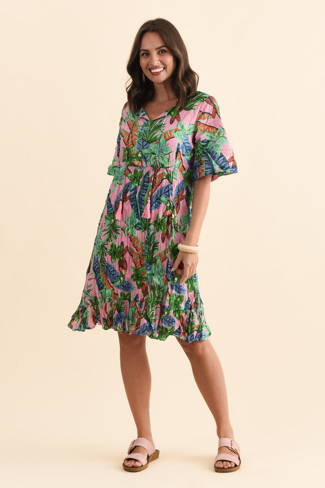 Mila Pink Jungle Crinkle Cotton Dress,Brunette model,alt text|model:MJ image 8