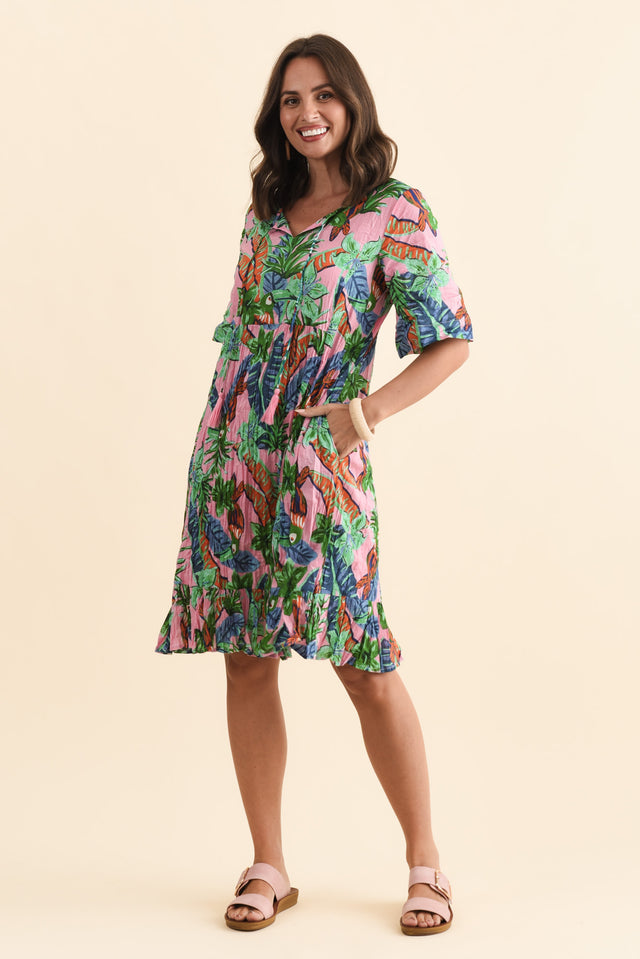 Mila Pink Jungle Crinkle Cotton Dress,Brunette model,alt text|model:MJ image 4