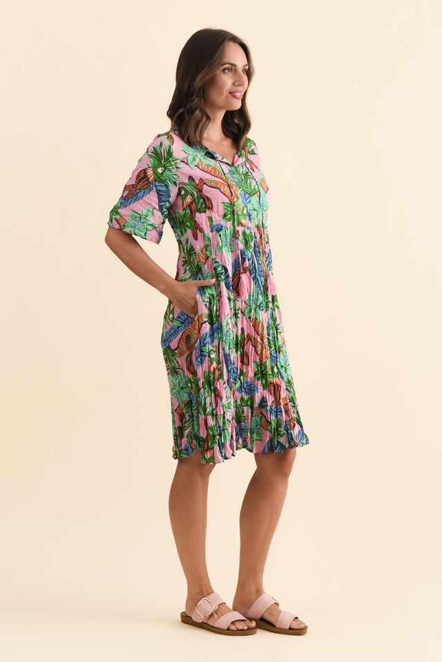 Mila Pink Jungle Crinkle Cotton Dress,Brunette model,alt text|model:MJ image 5