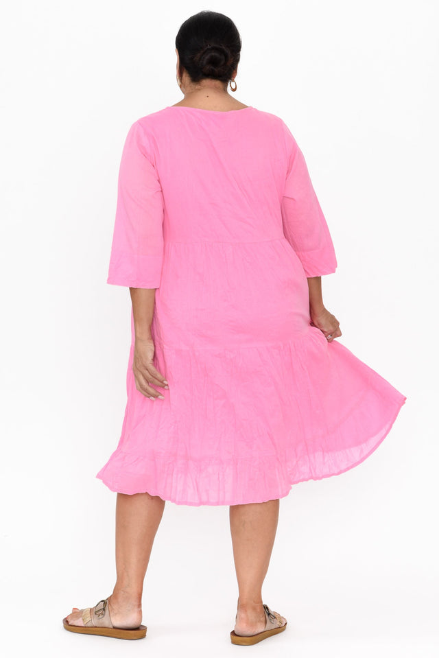 Milana Bright Pink Crinkle Cotton Dress,Brunette model,alt text|model:Pilita image 12