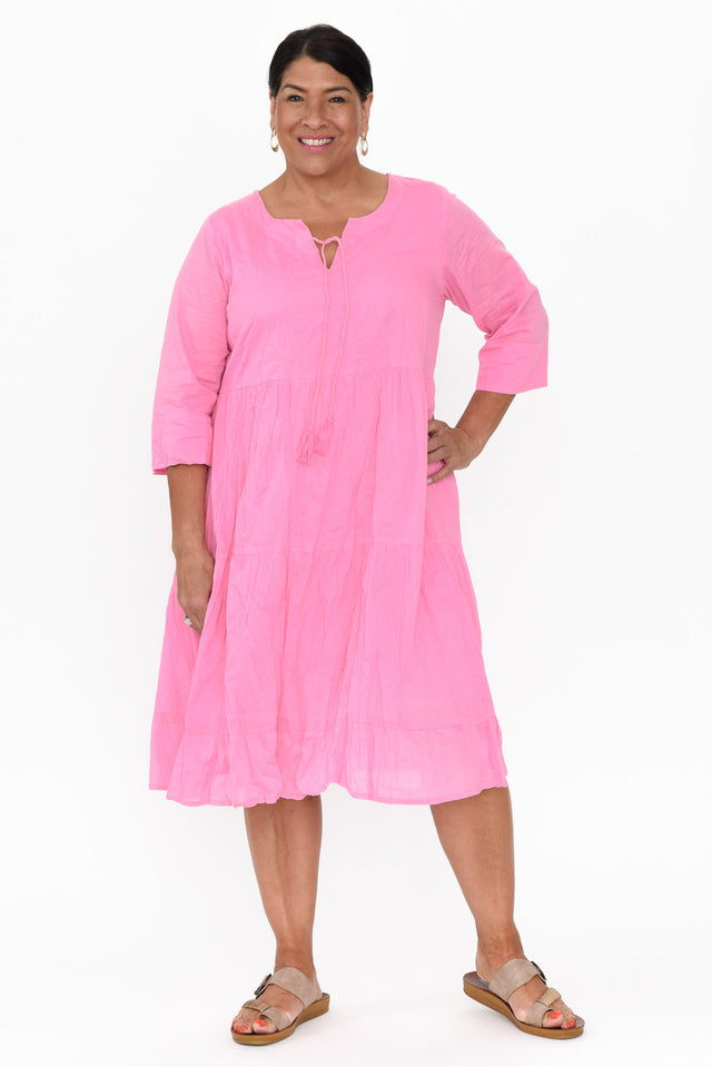 Milana Bright Pink Crinkle Cotton Dress,Brunette model,alt text|model:Pilita image 10