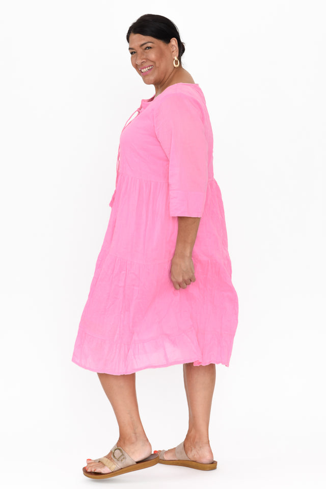 Milana Bright Pink Crinkle Cotton Dress,Brunette model,alt text|model:Pilita image 11