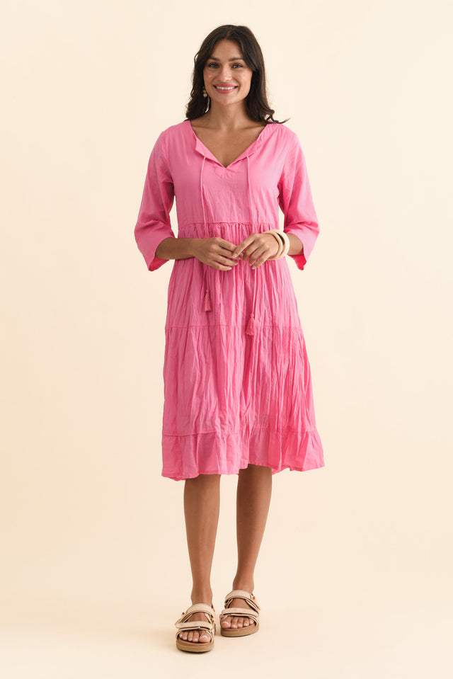 Milana Bright Pink Crinkle Cotton Dress,Brunette model,alt text|model:Brontie image 9