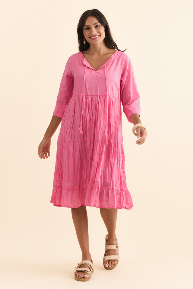 Milana Bright Pink Crinkle Cotton Dress,Brunette model,alt text|model:Brontie image 5