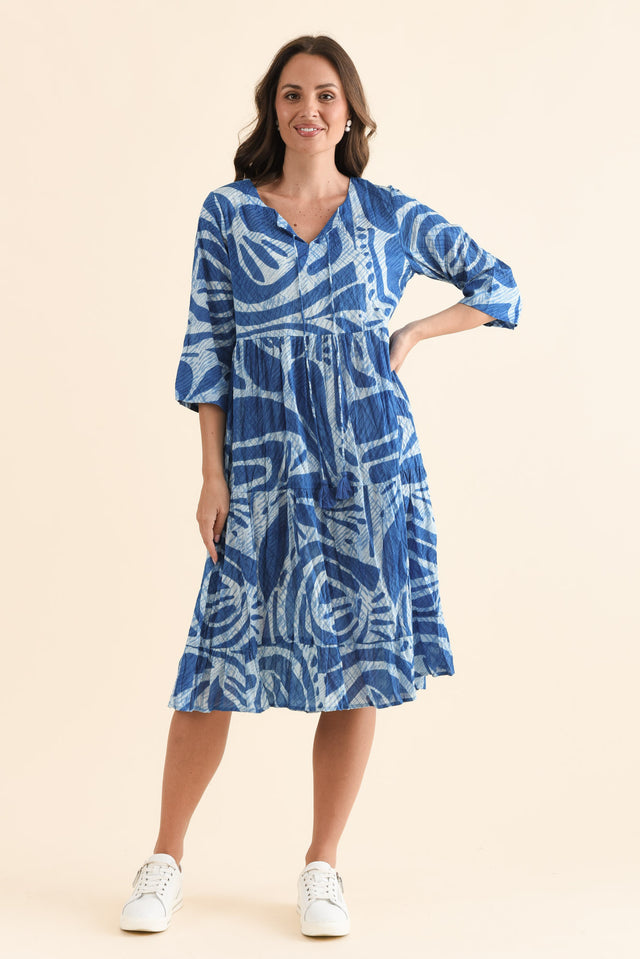 Milana Cobalt Abstract Crinkle Cotton Dress,Full Body,Brunette model,alt text|model:MJ image 2