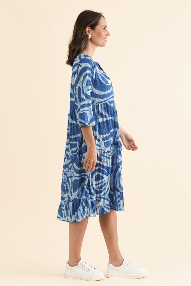 Milana Cobalt Abstract Crinkle Cotton Dress,Side,Brunette model,alt text|model:MJ image 3