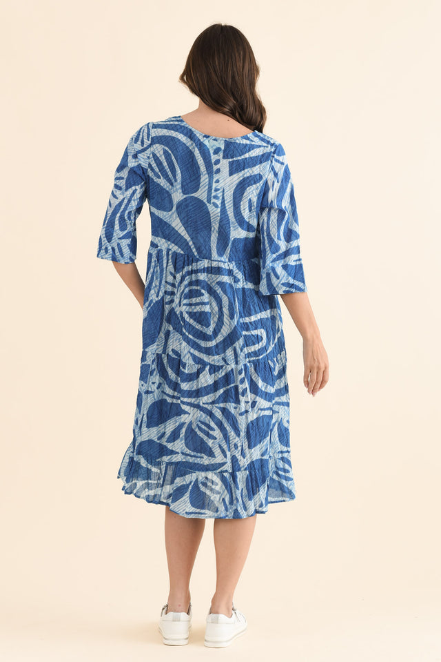 Milana Cobalt Abstract Crinkle Cotton Dress,Back,Brunette model,alt text|model:MJ image 4