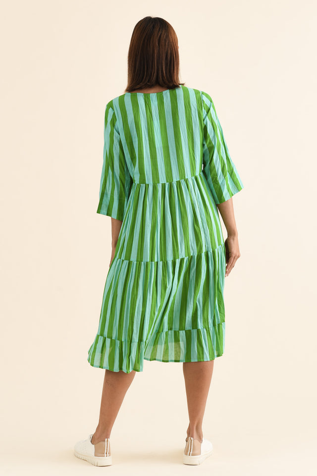 Milana Green Stripe Crinkle Cotton Dress,Back,Brunette model,alt text|model:Cara image 6