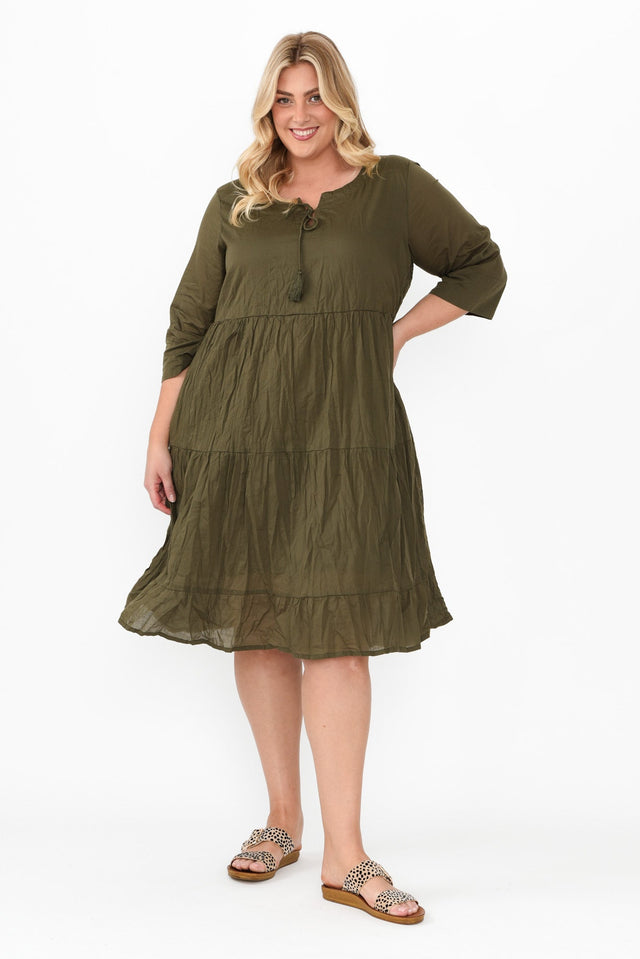 Milana Khaki Crinkle Cotton Dress,Blonde model,plus-size,curve-dresses,plus-size-sleeved-dresses,plus-size-below-knee-dresses,plus-size-cotton-dresses,plus-size-summer-dresses,alt text|model:Caitlin image 10