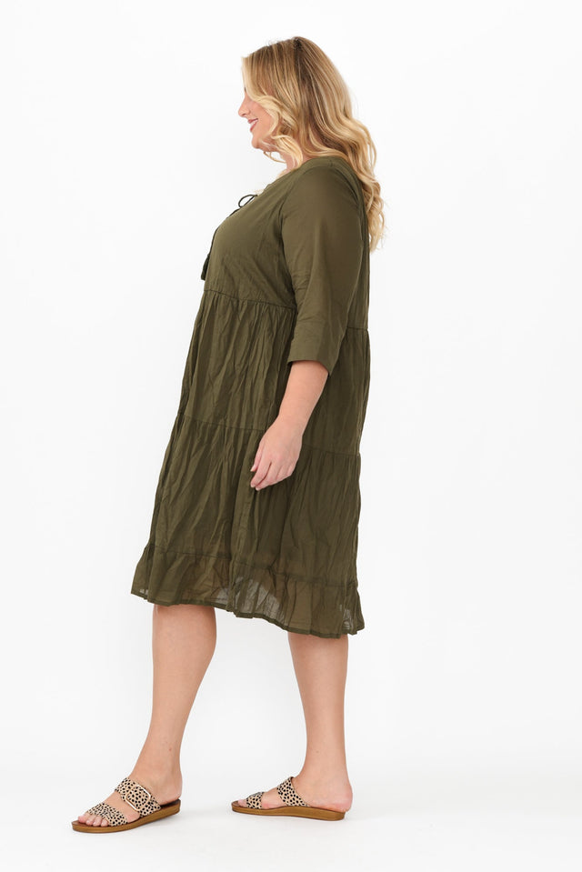 Milana Khaki Crinkle Cotton Dress,Blonde model,alt text|model:Caitlin image 11