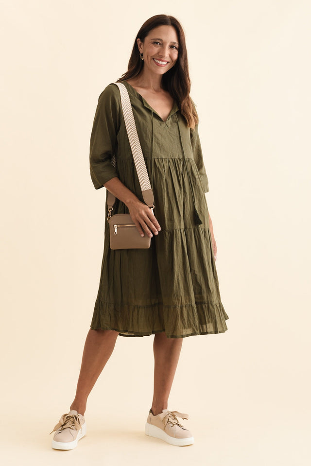 Milana Khaki Crinkle Cotton Dress,Brunette model,alt text|model:Cara image 3