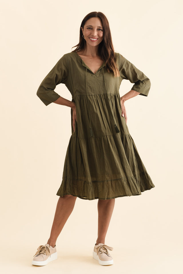 Milana Khaki Crinkle Cotton Dress,Brunette model,alt text|model:Cara image 9