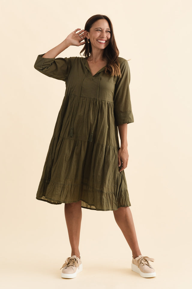Milana Khaki Crinkle Cotton Dress,Brunette model,alt text|model:Cara image 5