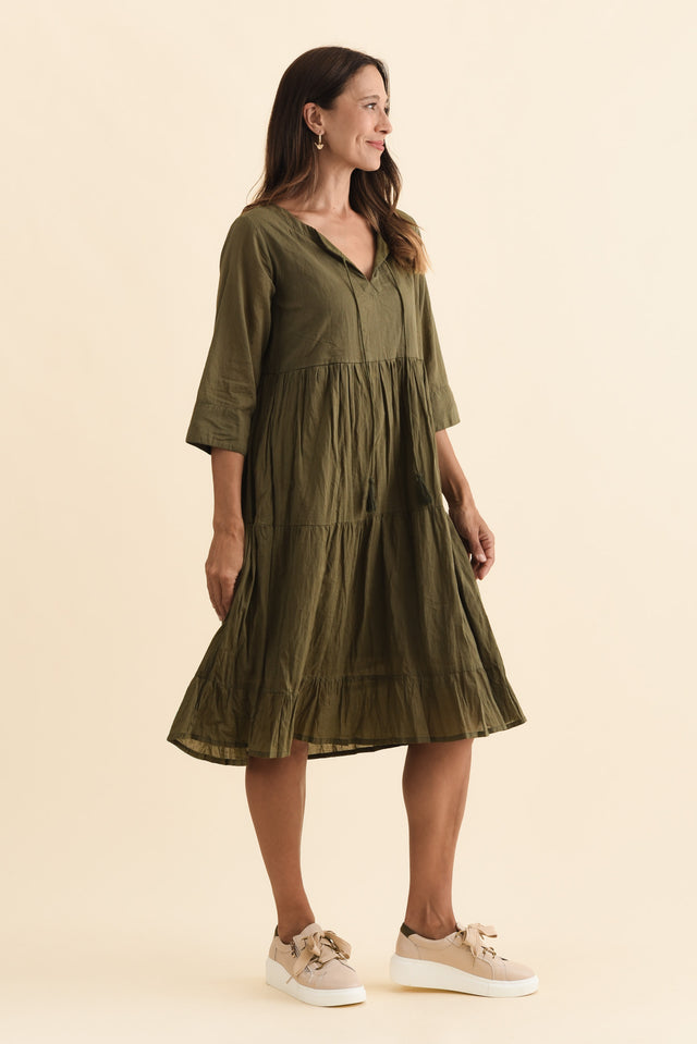 Milana Khaki Crinkle Cotton Dress,Brunette model,alt text|model:Cara image 6