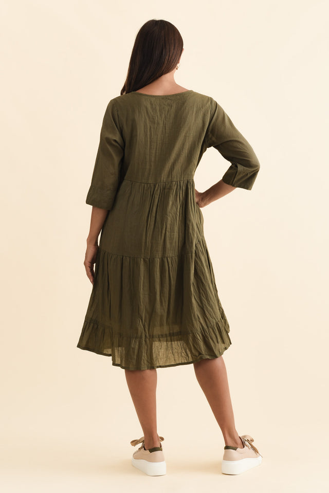 Milana Khaki Crinkle Cotton Dress,Brunette model,alt text|model:Cara image 7