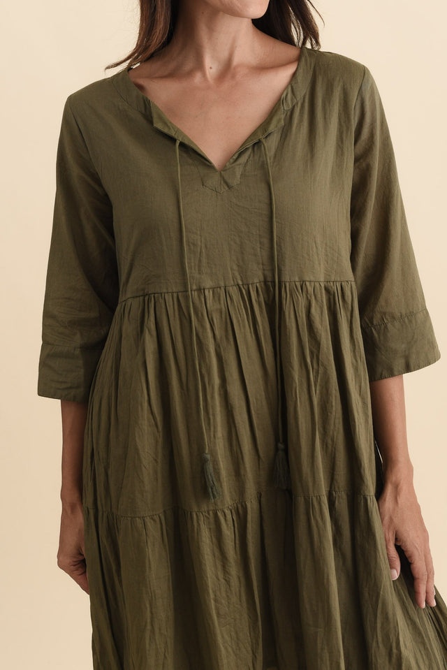 Milana Khaki Crinkle Cotton Dress,Brunette model,alt text|model:Cara image 8