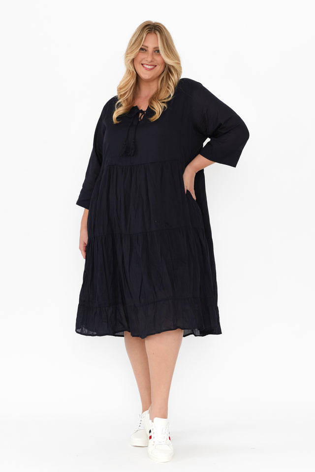 Milana Navy Crinkle Cotton Dress,Blonde model,alt text|model:Caitlin image 13
