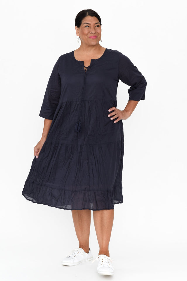 Milana Navy Crinkle Cotton Dress,Brunette model,alt text|model:Pilita image 10