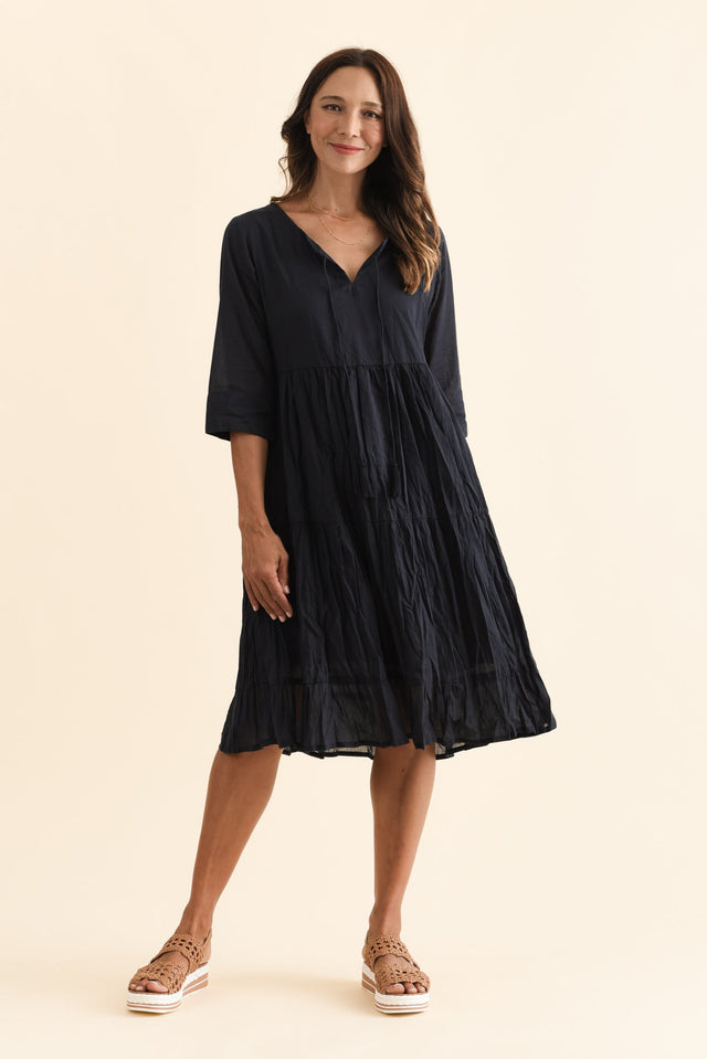 Milana Navy Crinkle Cotton Dress,Brunette model,alt text|model:Cara image 8